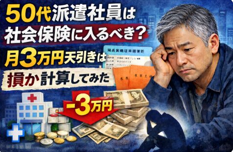白髪交じりの50代男性が頭を抱えて悩む様子と、病院や年金手帳、札束のイメージ、赤い「－3万円」の矢印が配置された「50代派遣社員は社会保険に入るべき？月3万円天引きは損か計算してみた」という記事のアイキャッチ画像