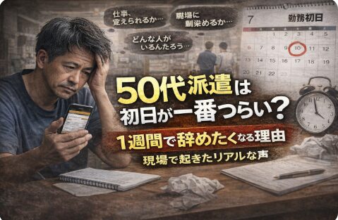 50代派遣スタッフが初日の出勤前に不安そうな表情で職場を見つめているイメージ