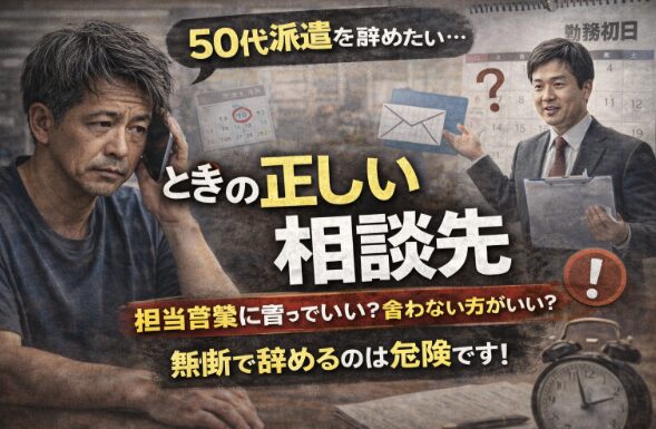 50代派遣社員の男性が退職相談に悩み、担当営業に伝えるべきか迷っている様子を表したアイキャッチ画像