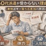 「50代派遣が不採用通知を見て悩む様子と、原因（年齢・体力・人間関係）が示されたイラスト」