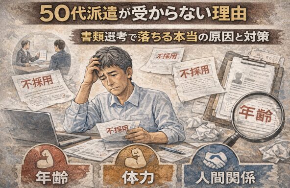 「50代派遣が不採用通知を見て悩む様子と、原因（年齢・体力・人間関係）が示されたイラスト」