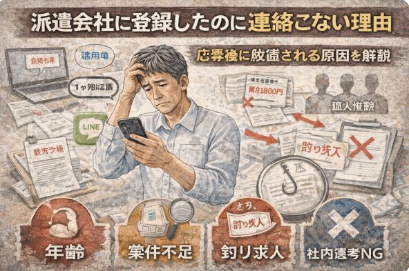 派遣会社に登録したのに連絡が来ずスマホを見て悩む50代男性のイラスト。年齢・釣り求人・社内選考NGなど放置される理由を解説する記事のアイキャッチ