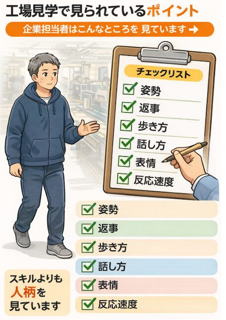 工場見学で企業が確認しているポイントのチェックリスト図解（挨拶・受け答え・姿勢・継続性・協調性）