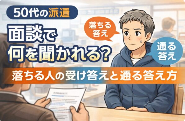50代男性が派遣面談を受けているイラスト。落ちる答えと通る答えの違いを解説する記事のアイキャッチ画像