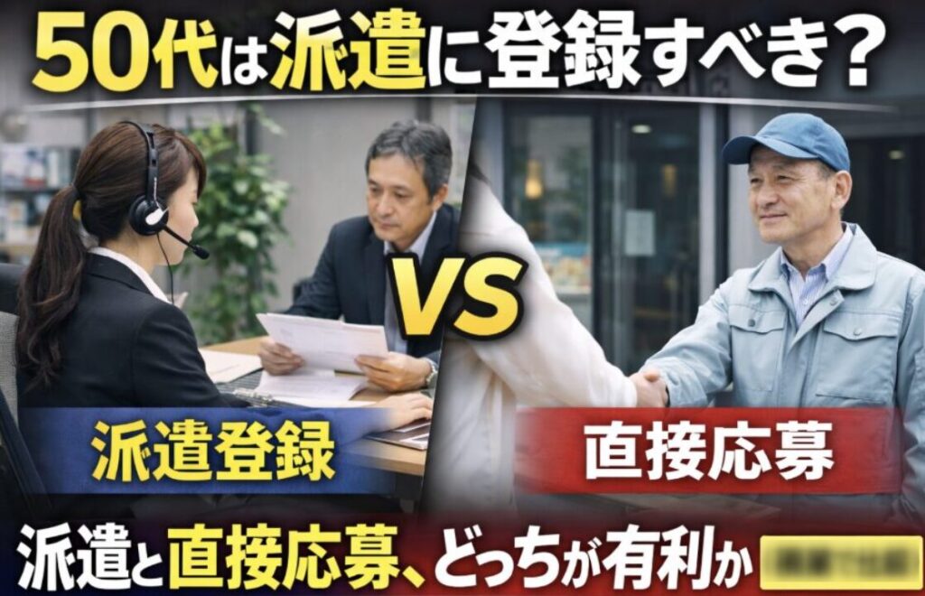 50代は派遣登録と直接応募どちらが有利かを比較する記事のアイキャッチ画像。左に派遣会社の面談、右に直接応募の面接シーンが描かれ「VS」で対比されている。