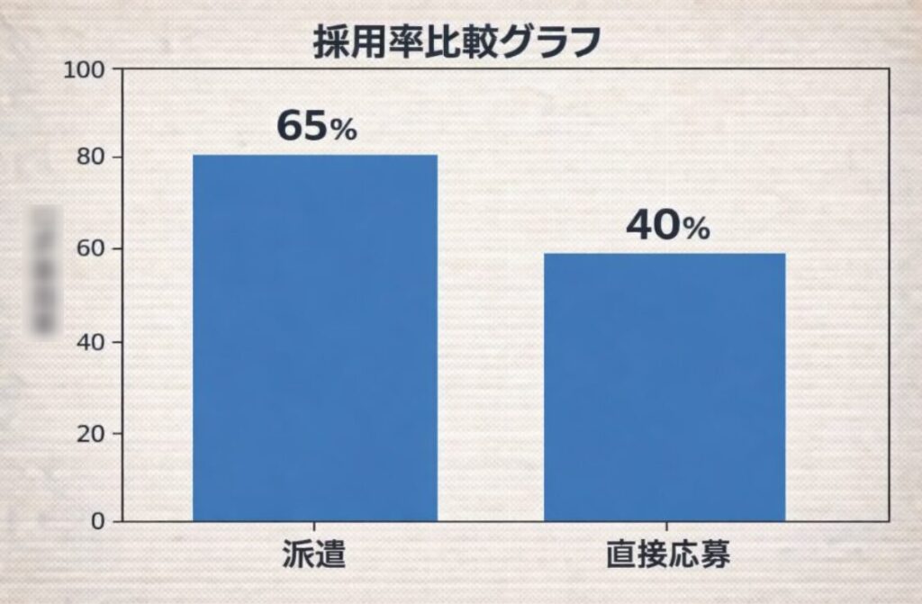 派遣と直接応募の採用率を比較した棒グラフ。派遣は65％、直接応募は40％で、派遣の方が採用率が高いことを示している。