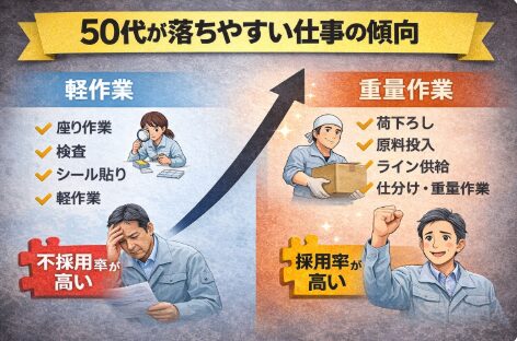 50代が落ちやすい仕事の傾向を示した図。軽作業（座り作業・検査・シール貼り）は不採用率が高く、重量作業（荷下ろし・原料投入・ライン供給など）は採用率が高いことをイラストで比較している。