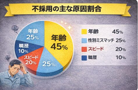 「不採用の主な原因割合」を示した円グラフ。年齢45％が最も多く、次いで性別ミスマッチ25％、スピード20％、職歴10％。横には悩む中高年男性のイラストが配置されている。