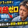 ブログ1ヶ月半で収益ゼロと表示されたサムネイル画像。下降グラフとパソコン、悩む56歳男性が原因を徹底分析する様子を表現。