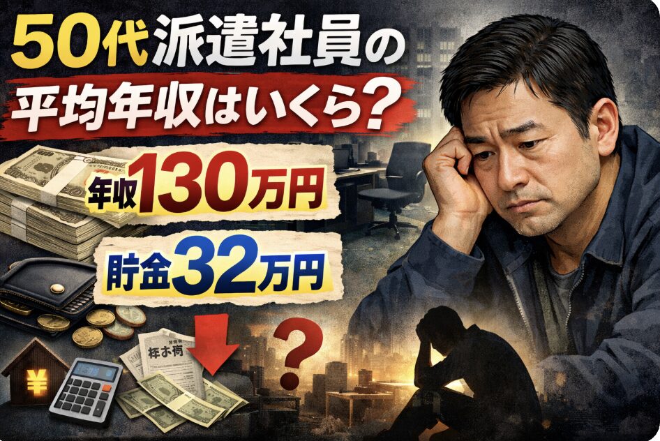 不安そうな50代男性と「年収130万円・貯金32万円」の文字が入った派遣社員の収入を解説するアイキャッチ画像
