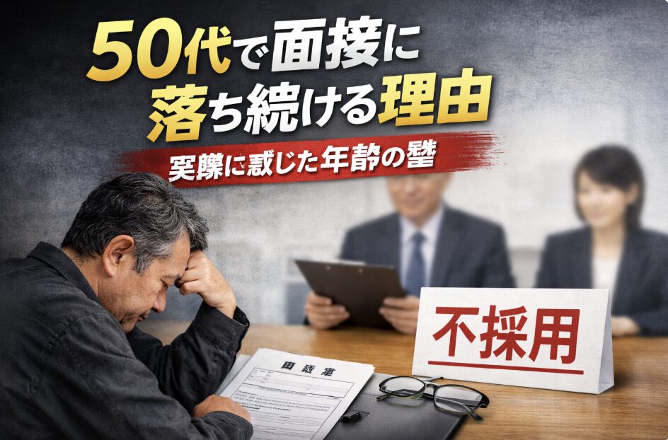 履歴書を前に頭を抱える50代男性と、背景で面接官が書類を確認する様子。不採用の札が置かれ、「50代で面接に落ち続ける理由｜実際に感じた年齢の壁」と書かれたアイキャッチ画像。