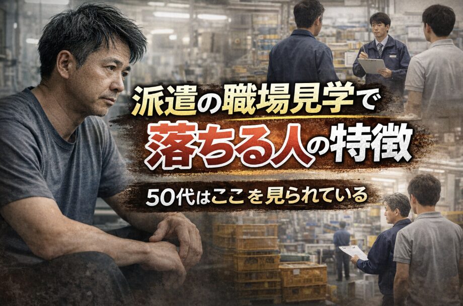 派遣の職場見学をテーマにしたアイキャッチ画像。工場内を背景に、50代男性と現場責任者が向き合う様子と「派遣の職場見学で落ちる人の特徴|50代はここを見られている」というタイトル文字が配置されている。