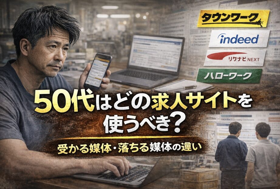 50代男性がスマホで求人サイトを確認しながら仕事探しに悩む様子|受かる媒体と落ちる媒体の違いを解説する記事のアイキャッチ