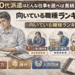 50代派遣の男性が仕事選びに悩み、工場軽作業・盛り付け・配送など向いている職種ランキングを示したイラスト