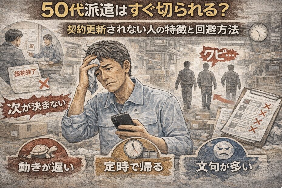 50代の派遣社員が契約更新されず悩んでいる様子と、更新されない理由(動きが遅い・定時退社・文句が多い)を解説したアイキャッチ画像