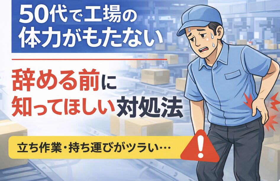 50代の工場作業員が腰を痛めて体力の限界を感じている様子と、辞める前の対処法を解説する記事のアイキャッチ画像