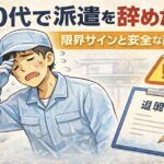 工場で疲労とストレスに限界を感じている50代男性作業員と退職願のイラスト。