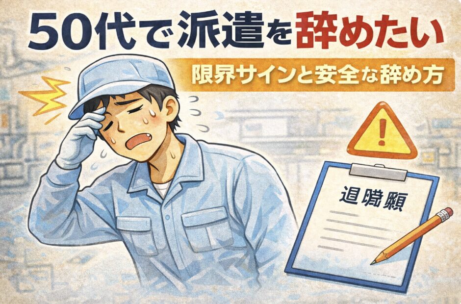 工場で疲労とストレスに限界を感じている50代男性作業員と退職願のイラスト。