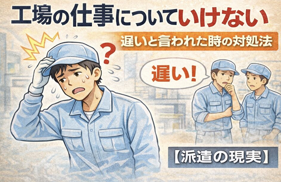 工場で作業に追いつけず焦る派遣作業員と「遅い」と言われ悩む様子を描いたイラスト。工場の仕事についていけない時の対処法を解説する記事のアイキャッチ画像。