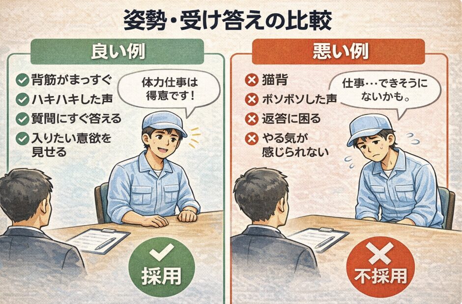 面談時の「良い例」と「悪い例」を比較した図。
良い例は背筋を伸ばしてハキハキ受け答えし採用評価、悪い例は猫背で声が小さく返答に困り不採用評価になる様子を示している。