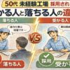 50代未経験の工場面接で「受かる人」と「落ちる人」の違いを比較したアイキャッチ画像。面接官の前で自信なく話す人は不採用、自信を持って即日勤務可能と答える人は採用になる様子を左右で対比したイラスト。