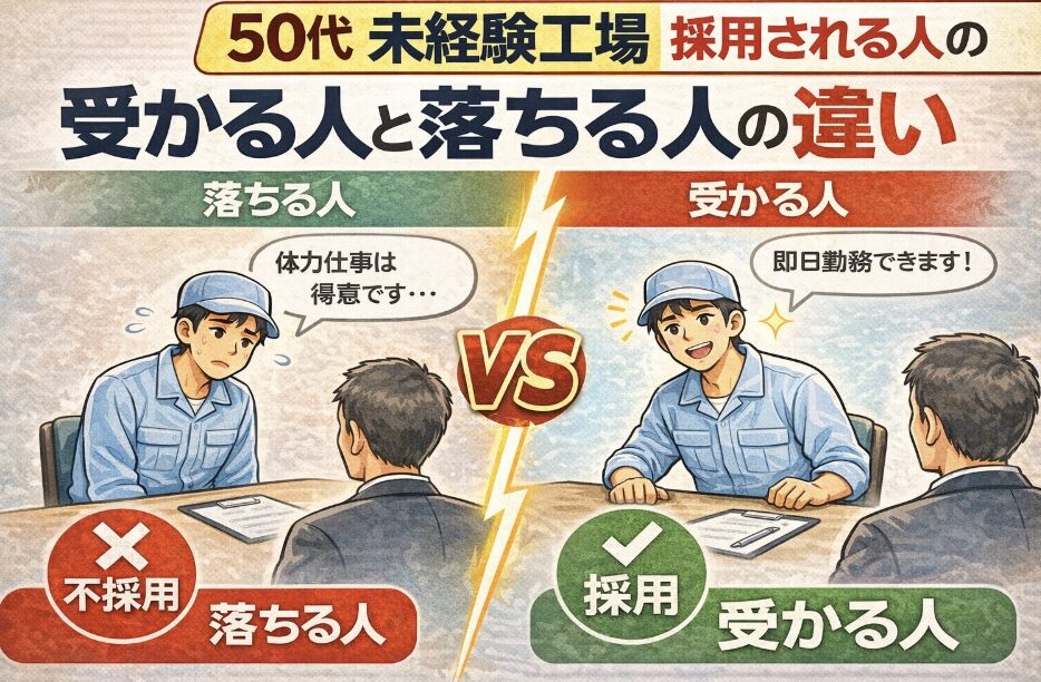 50代未経験の工場面接で「受かる人」と「落ちる人」の違いを比較したアイキャッチ画像。面接官の前で自信なく話す人は不採用、自信を持って即日勤務可能と答える人は採用になる様子を左右で対比したイラスト。
