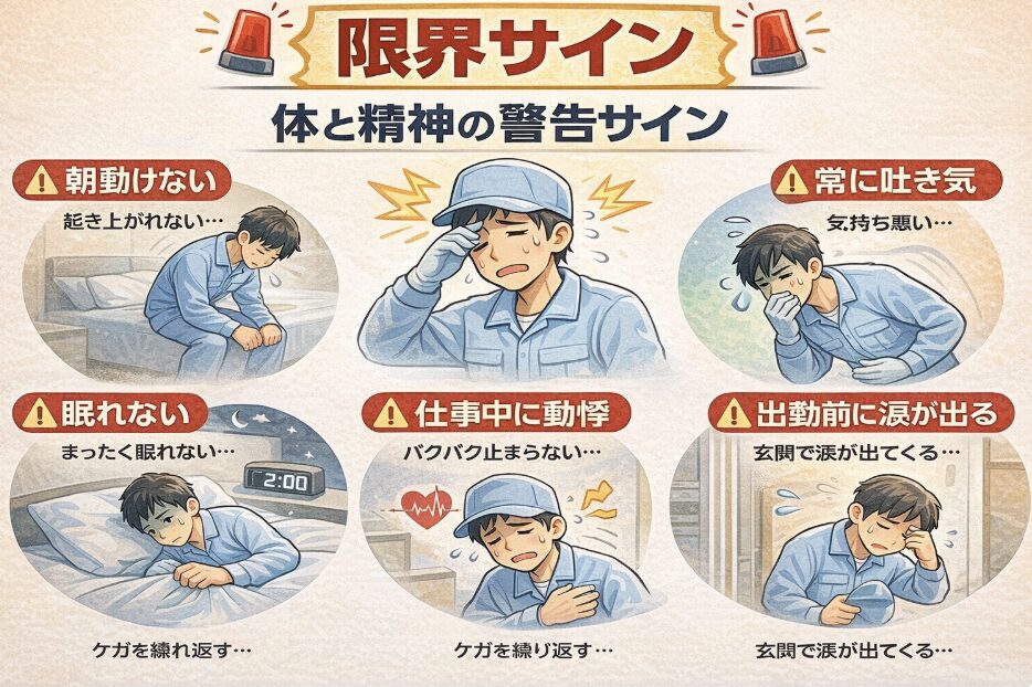 体と精神の限界サインを比較した図解。頭痛・不眠・強い疲労などの身体症状と、不安・憂うつ・意欲低下などの精神症状をまとめたインフォグラフィック