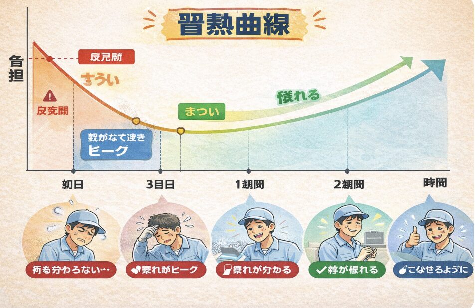 工場作業の習熟曲線を示すグラフ。開始直後は作業スピードが遅いが、1週間前後で急速に慣れて作業効率が上がることを表した図。