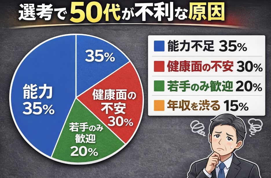 50代の採用が不利になる原因の割合を示した円グラフ。能力不足35%、健康面の不安30%、若手優遇20%、賃金条件15%の内訳を表している図解。