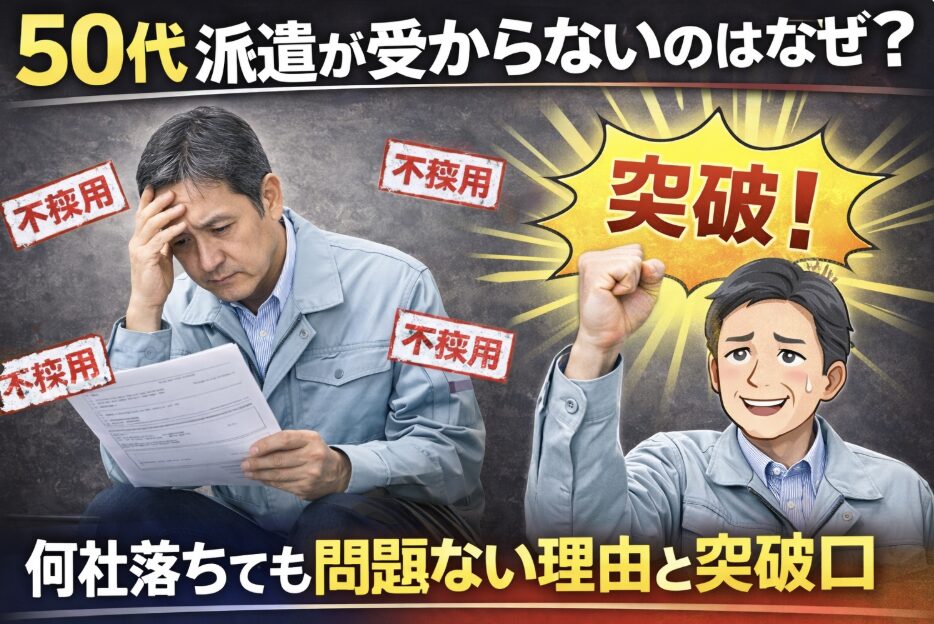 50代男性が不採用通知に落ち込む様子と、突破してガッツポーズする対比イラスト。「50代派遣が受からない理由と突破口」を表現したアイキャッチ画像
