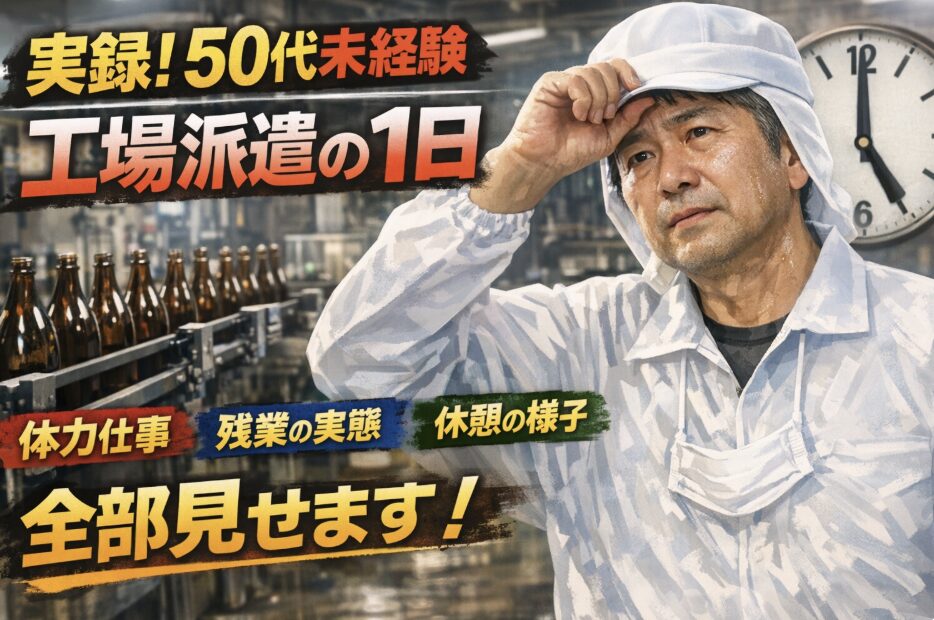 「50代未経験の男性が酒工場のライン作業で一升瓶ケースを流す様子と1日のスケジュールを示したアイキャッチ画像」
