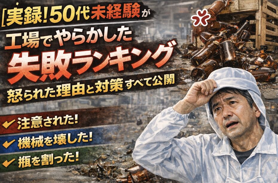 50代未経験の工場作業員がミスをして焦る様子と失敗ランキングを示したアイキャッチ画像