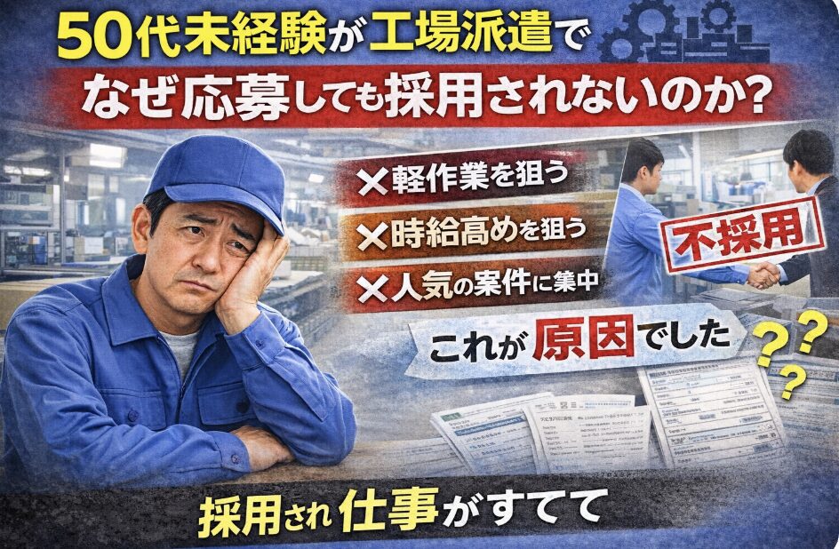 工場を背景に、50代未経験の男性が悩んだ表情を見せる横で「なぜ応募しても採用されないのか？」という見出しと「軽作業・高時給・人気案件を狙うと不採用」と示されたアイキャッチ画像