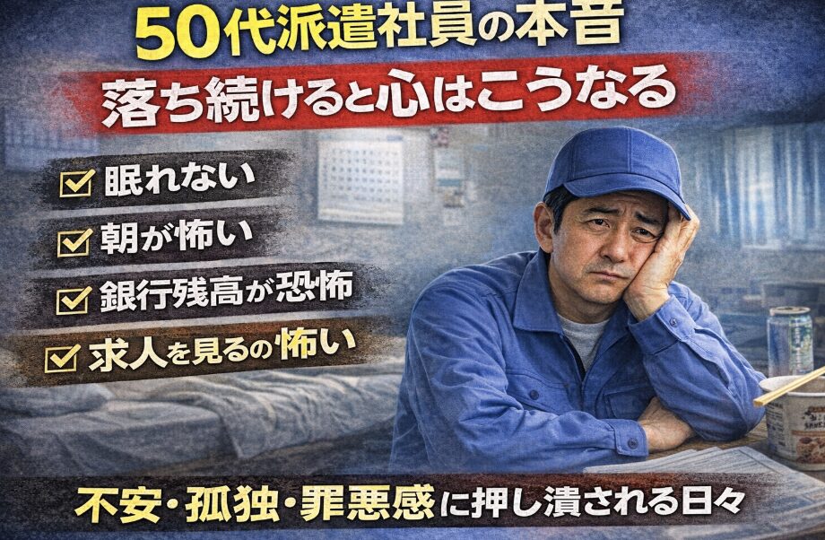 50代派遣社員の男性が部屋でうつむきながら悩む姿と、「落ち続けると心はこうなる」「眠れない・朝が怖い・銀行残高が恐怖・求人を見るのが怖い」と強調された無職2ヶ月のリアルを表現したアイキャッチ画像