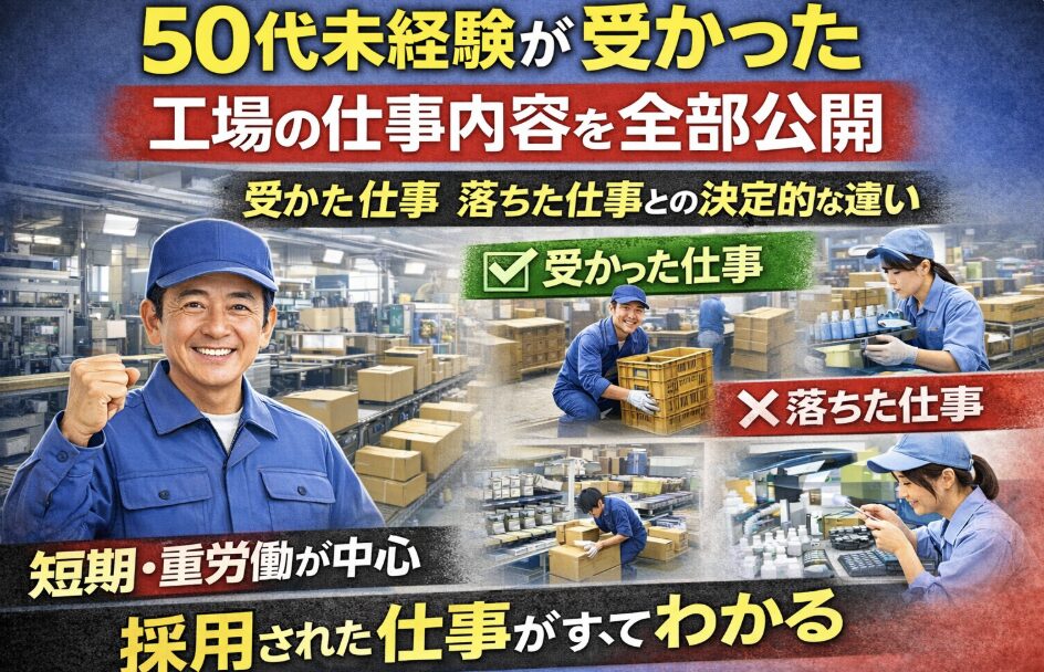 50代未経験男性が工場でガッツポーズをする背景に、受かった仕事と落ちた仕事の違いを対比表示した「受かった工場の仕事内容を全部公開」記事のアイキャッチ画像