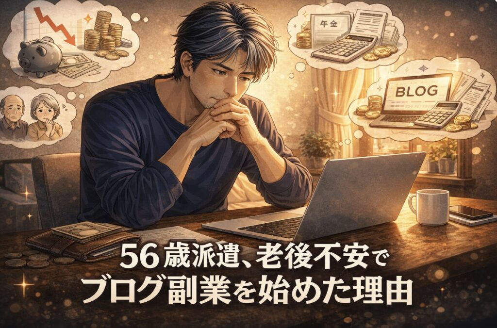 老後やお金の不安を抱えながら、ブログ副業を始めようと考える56歳派遣社員のイラスト