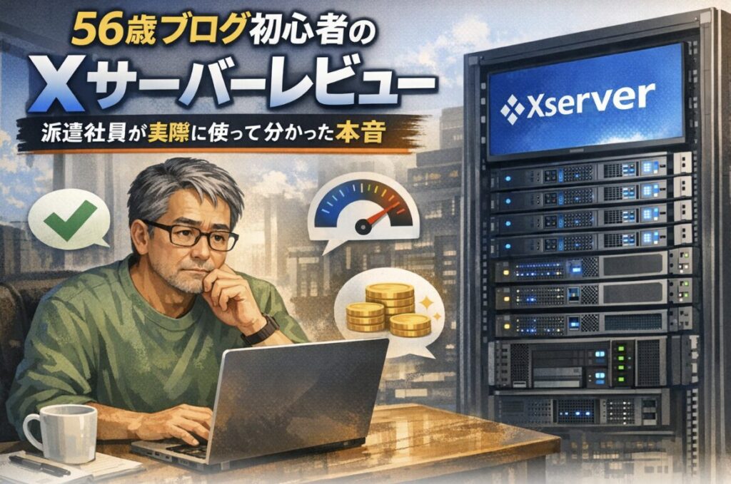 56歳の派遣社員がパソコンでXサーバーを使いながら、初心者目線でレビューしているイラスト