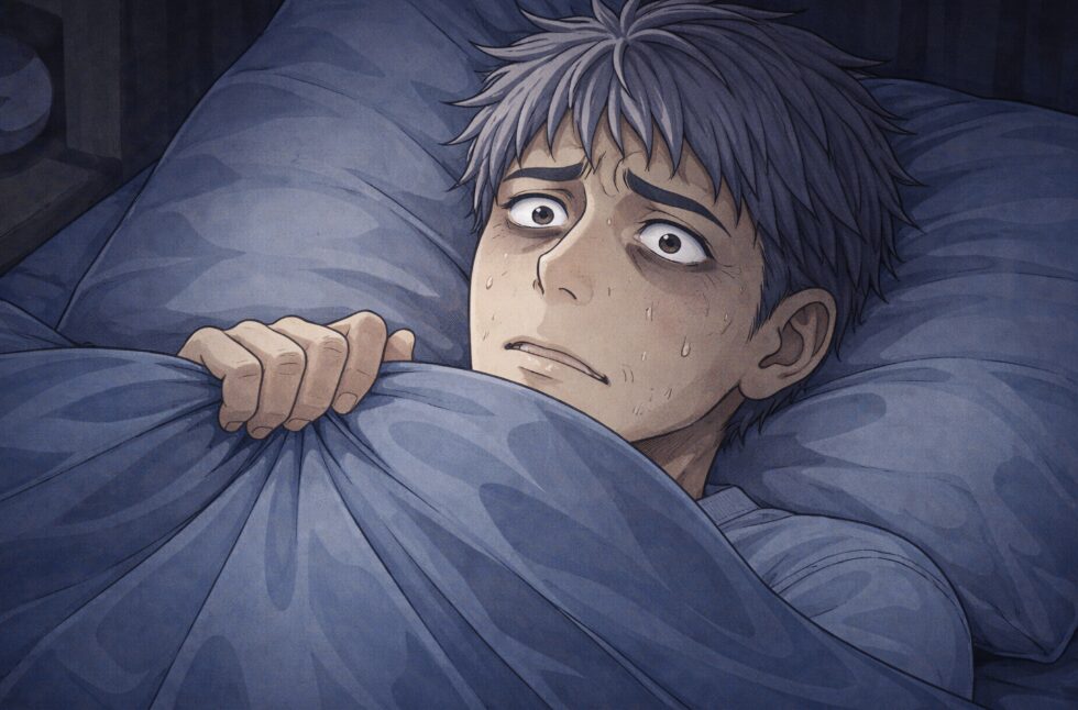 布団の中で眠れず、不安と焦りで汗をにじませながら目を見開いている55歳男性の漫画風イラスト