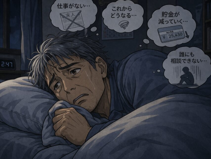 布団の中で横になりながら、仕事・将来・お金の不安を頭の中で繰り返し考えてしまう55歳男性の漫画風イラスト