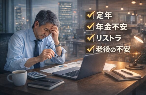 50代男性が定年・年金不安を抱え副業で月1万円を目指そうと悩む様子
