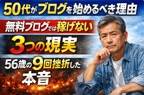 50代がブログを始めるべき理由と無料ブログでは稼げない3つの現実を解説する56歳男性のアイキャッチ画像