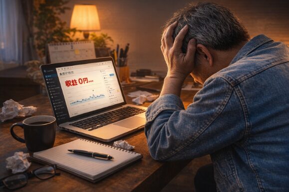 ブログ収益0円の画面を前に頭を抱える56歳男性のイメージ画像