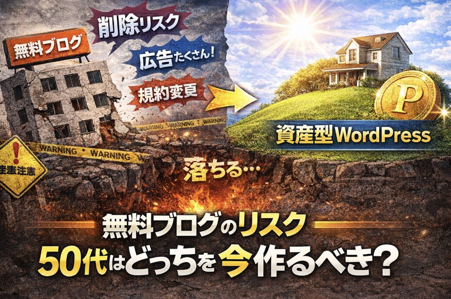 無料ブログの削除リスクと広告制限の危険性、資産型WordPressの安定性を比較したイメージ画像