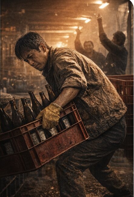 一升瓶ケースを運ぶ重労働に追われる56歳男性の工場作業風景