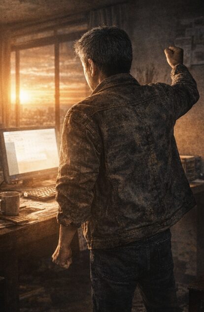 収益ゼロからブログに人生を賭ける決意を示す56歳男性の後ろ姿