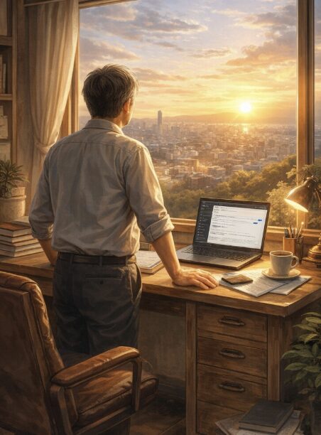 夕暮れの街を眺めながらデスクに立つ中年男性と、ノートパソコンが置かれた書斎の風景。新しい挑戦を前に静かに決意している様子を表現したイメージ画像。