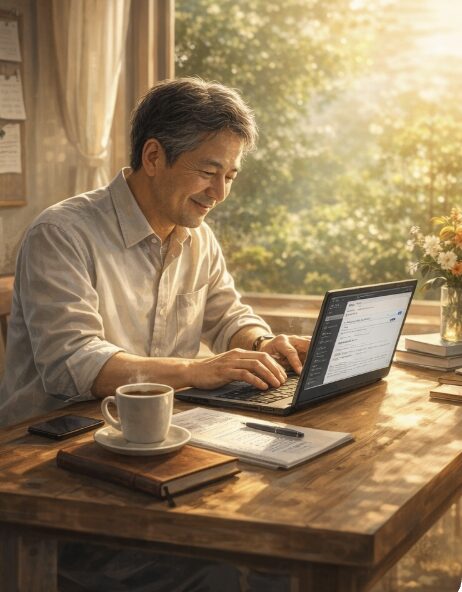 明るい窓辺でノートパソコンを操作する中年男性の様子。穏やかな表情で作業する姿が、ブログ運営を続ける未来をイメージさせる画像。