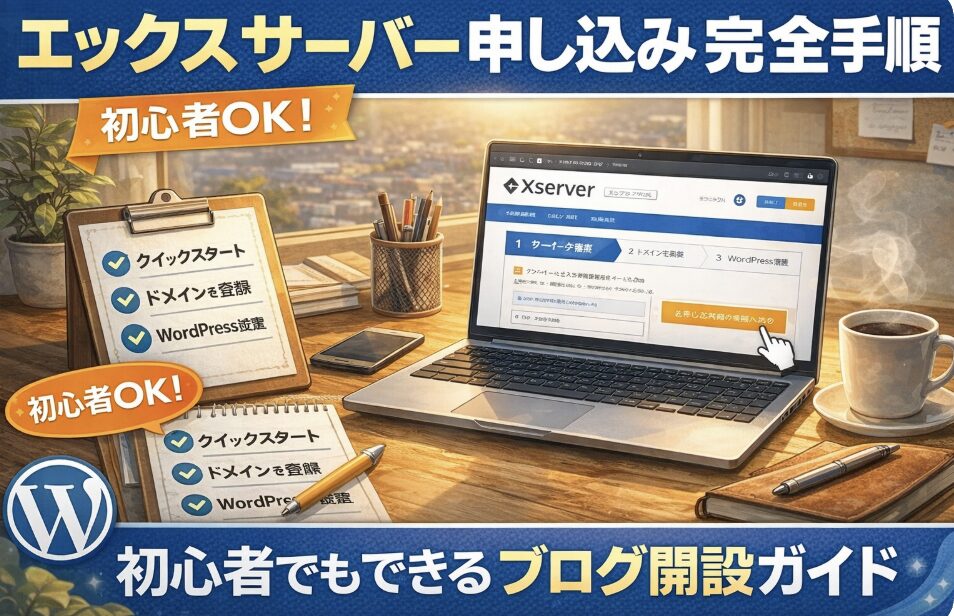 エックスサーバーの申し込み手順を図解したイメージ画像。クイックスタート、ドメイン取得、WordPress設置までの流れを示している。