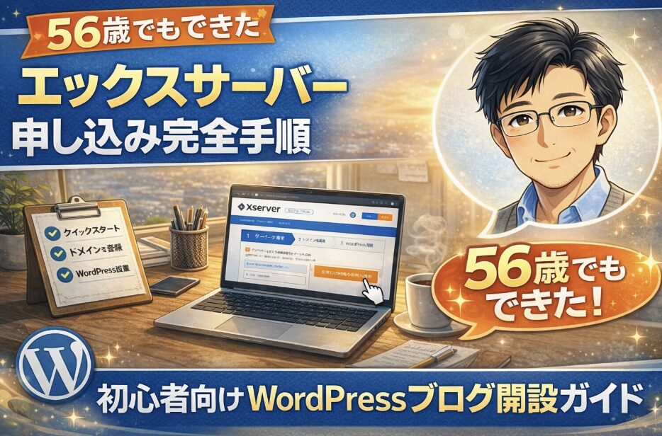 56歳でもできたエックスサーバー申し込み完全手順を紹介するアイキャッチ画像。初心者向けWordPressブログ開設ガイドを示したデザイン。