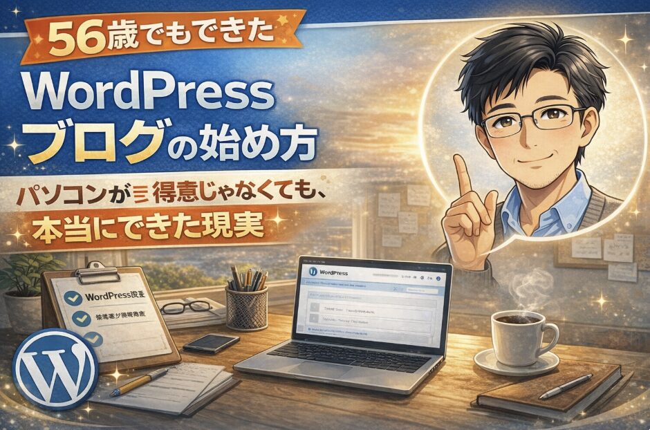 56歳でもできたWordPressブログの始め方を紹介するアイキャッチ画像。パソコンが得意でなくてもブログ開設できた実体験を表現したデザイン。